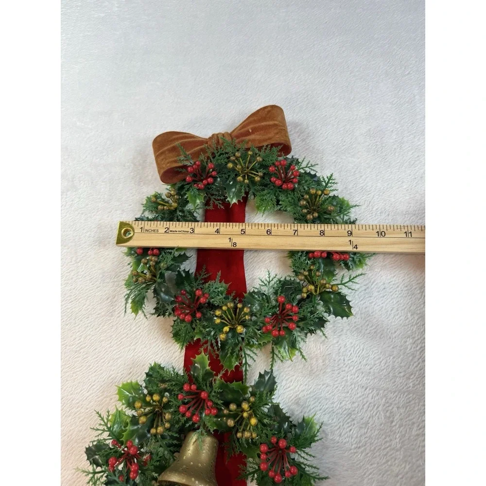 Vintage Plastic Triple Christmas Wreath with Bells on Flocked Red Velvet Ribbon